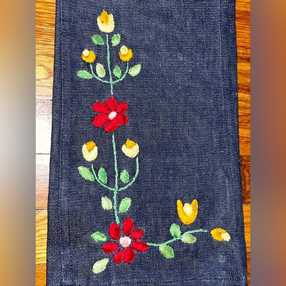 Vintage 1970s floral embroidered flare jeans Dude waist 28 hippie salvage denim - Picture 12 of 14